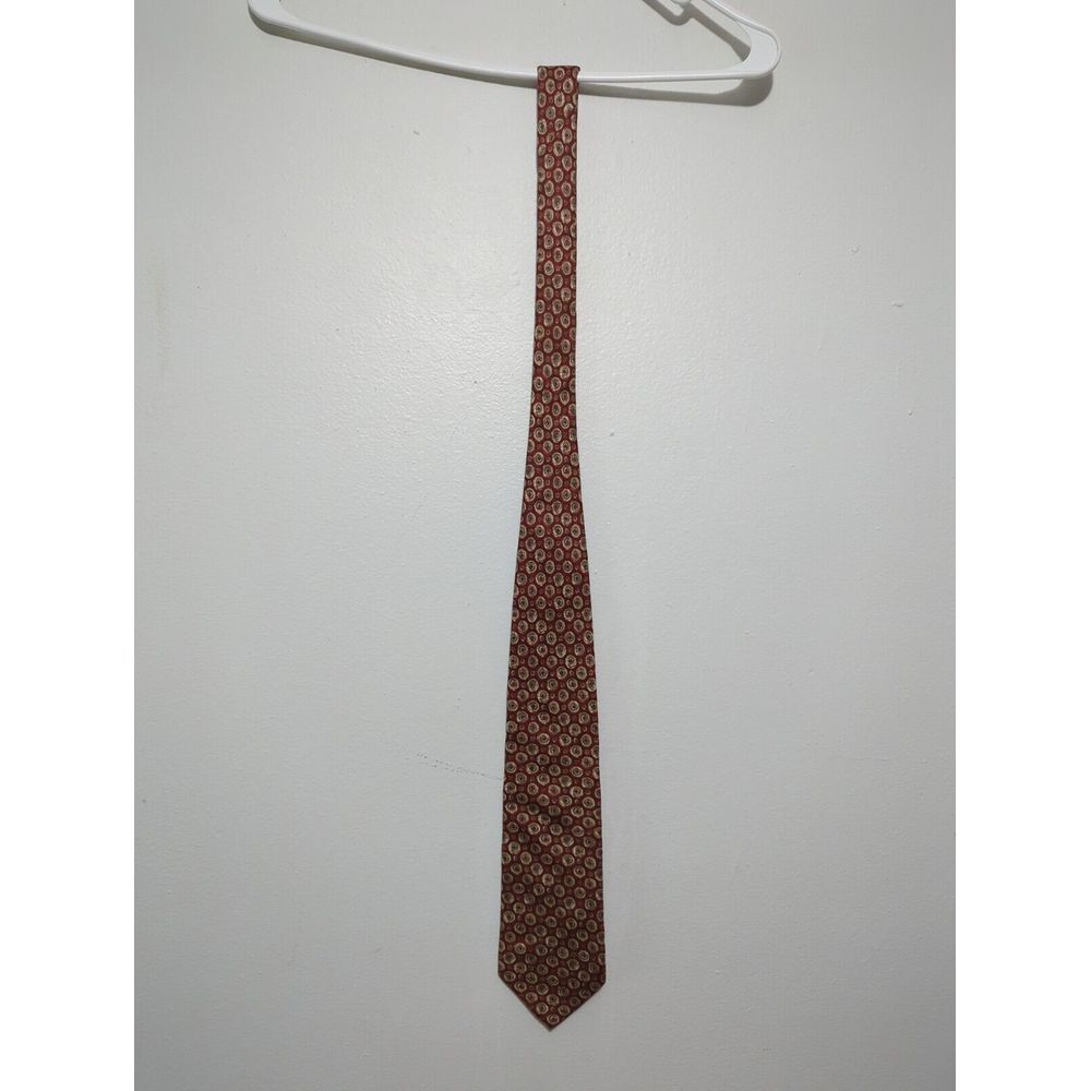 Lands End Mens Silk Tie Red Gold Geometric Medallion Hand‎ Sewn Made in USA